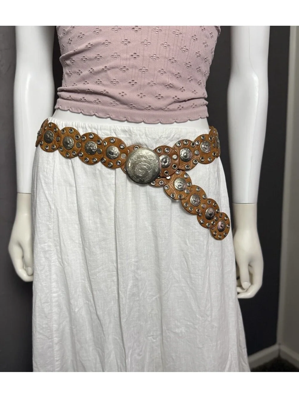 Free People Baby Follow Your Arrow Tan Leather Disc Belt One Size